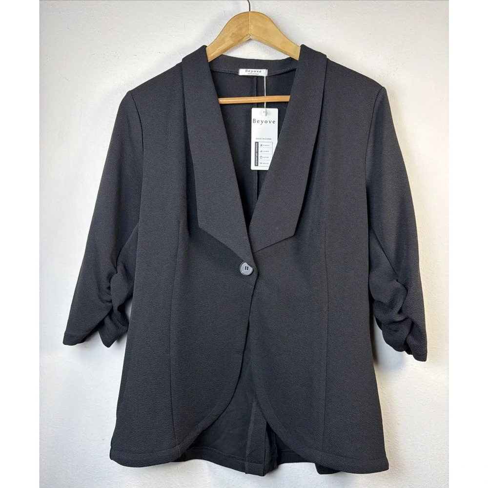 Beyove black blazer large jacket 3/4 gathered sleeve suit stretchy bohemian NWT - Picture 2 of 11